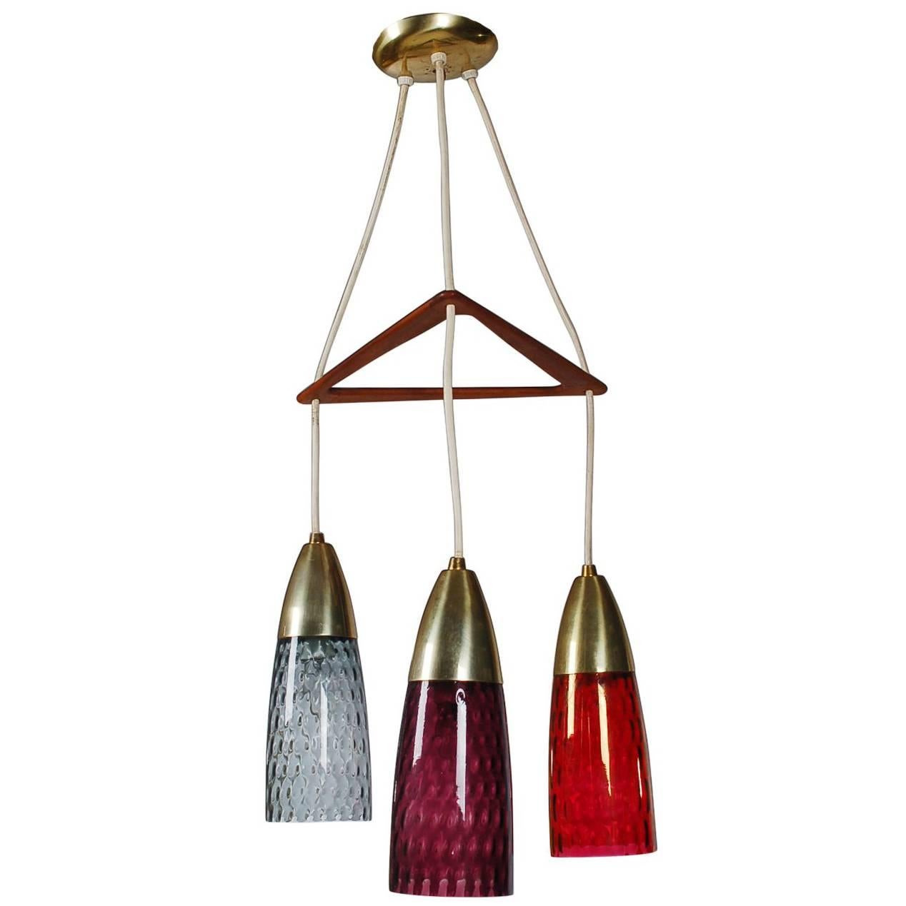 Mid-Century Danish Modern Three Art Glass Pendant Teak and Brass Chandelier Lamp