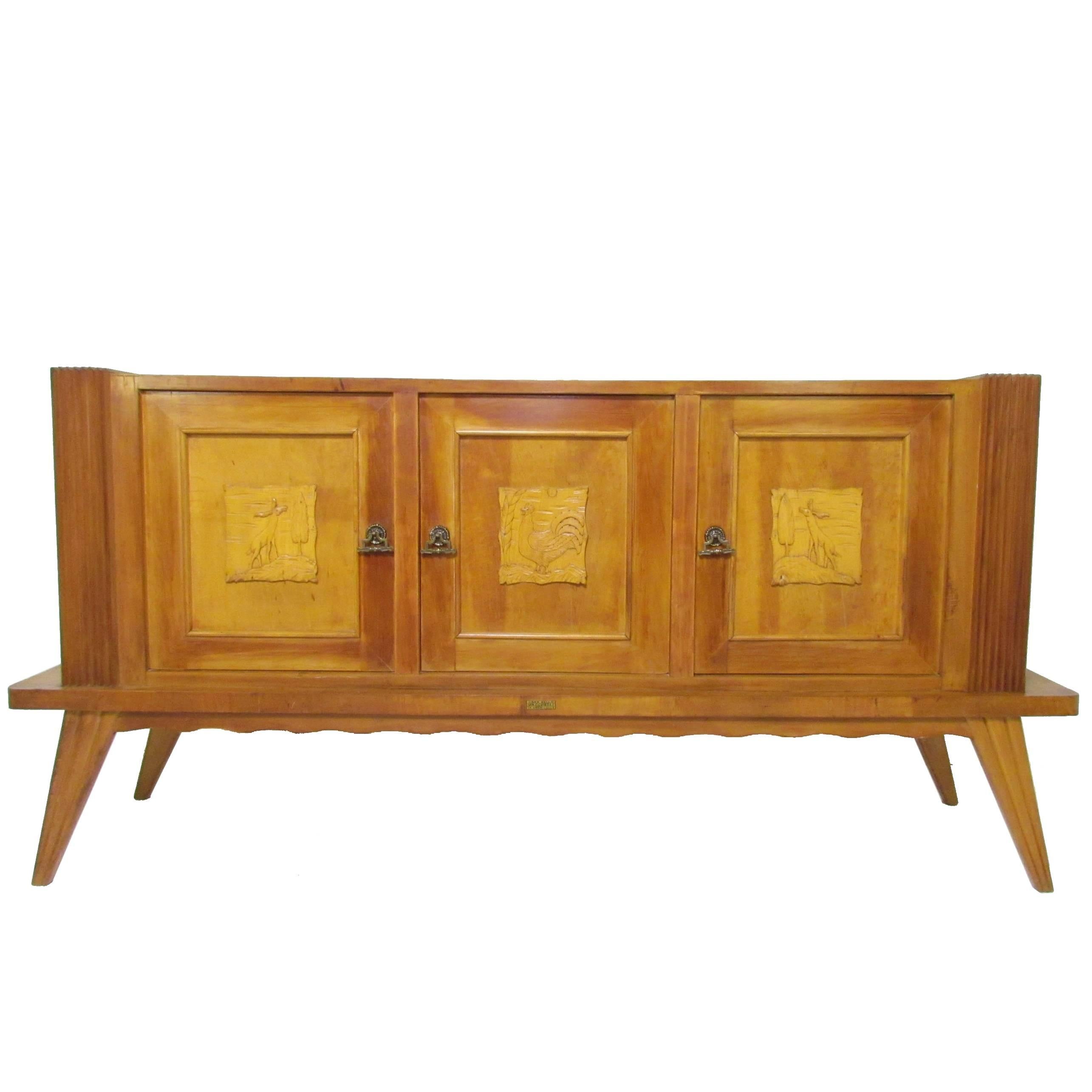 Italian Art Deco Sideboard with Hand-Carved Decorative Panels, circa 1940s