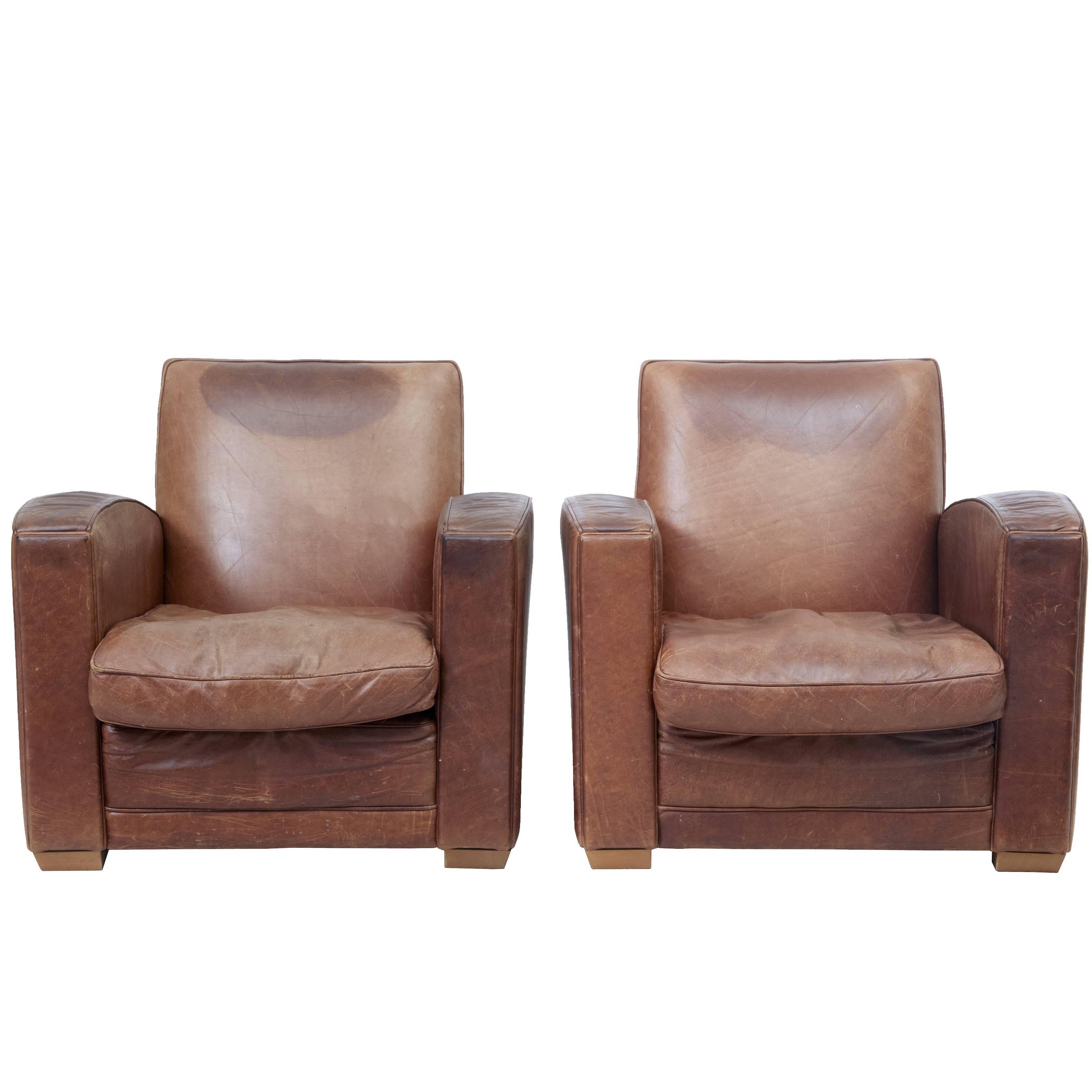 Pair of 1960s Art Deco Design Leather Armchairs
