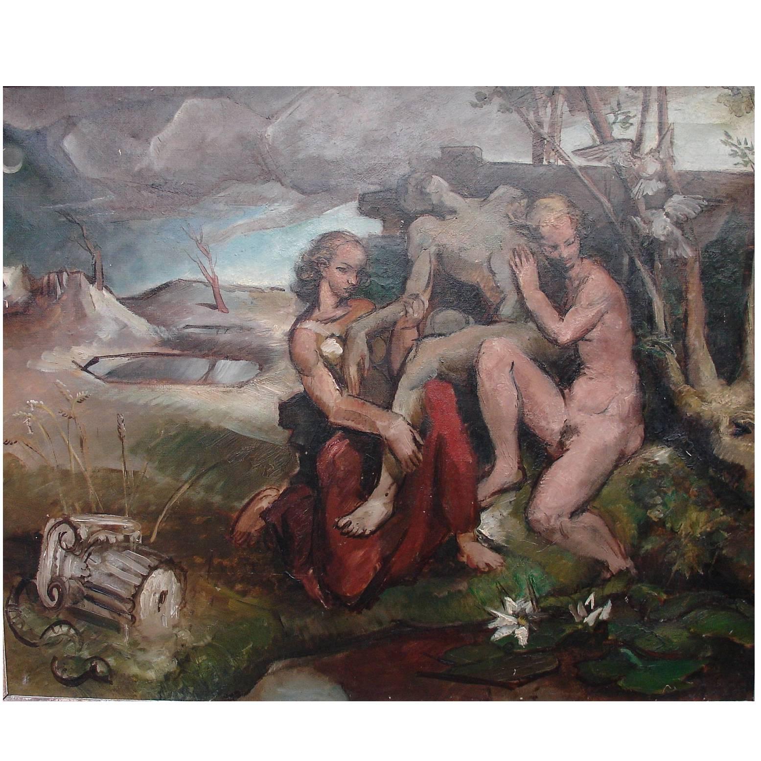 1915-1990 John Rogers Cox, American Allegorical Scene painting, oil on canvas For Sale