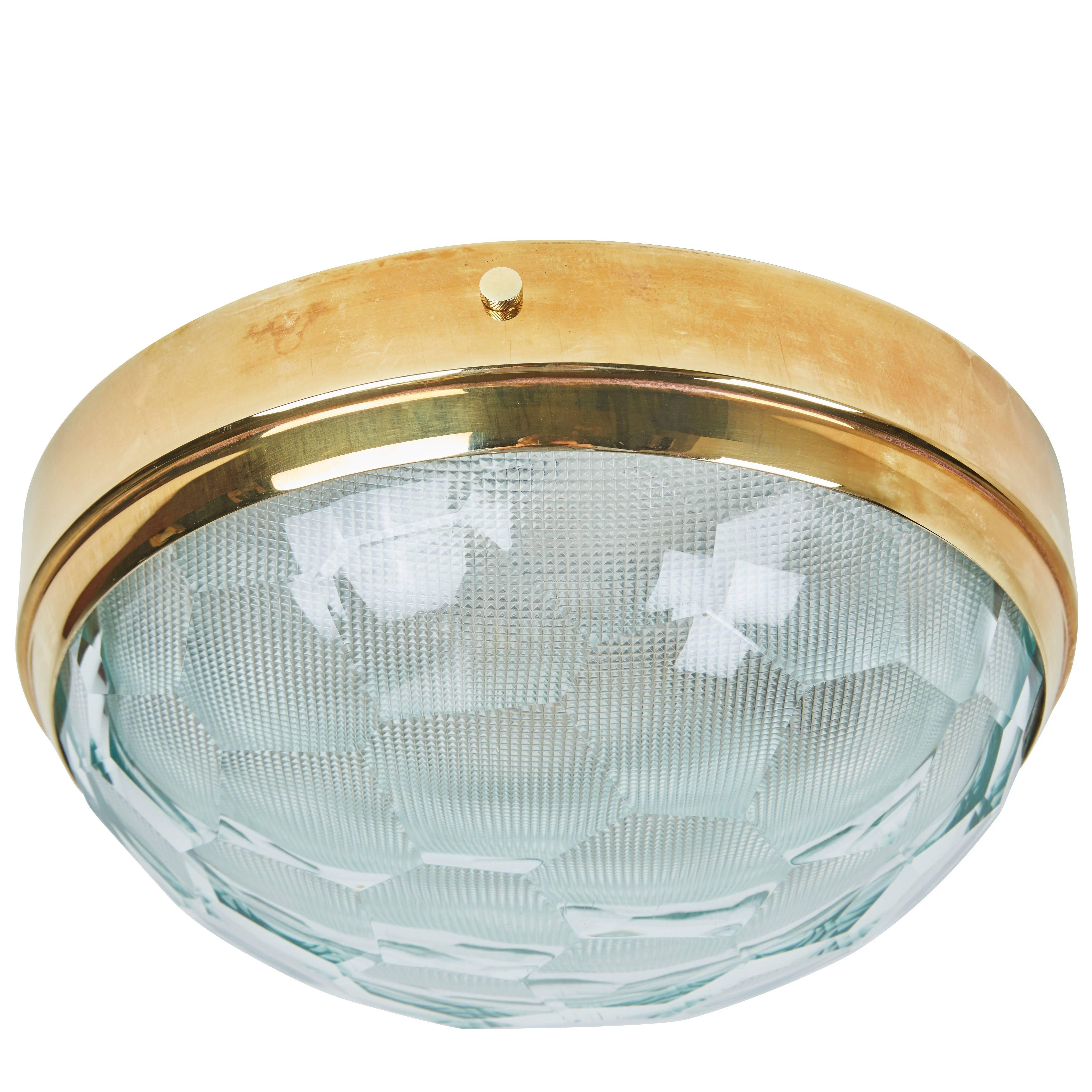 Multifaceted Glass and Brass Flushmount Ceiling Light