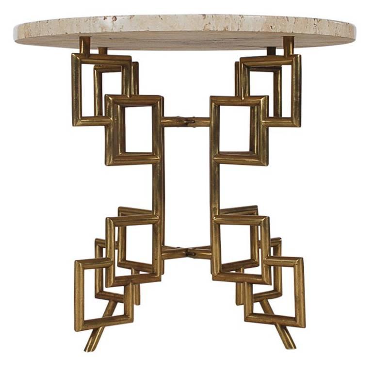 Hollywood Regency Italian Modern Brass Travertine Marble Table after Mastercraft