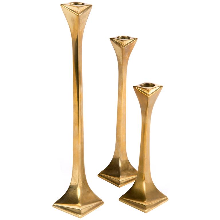 Set of Three Brass Candleholders Art Deco For Sale at 1stdibs