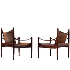 Erik Wørts Set of Two Safari Lounge Chairs in Rosewood and Brown Leather 2