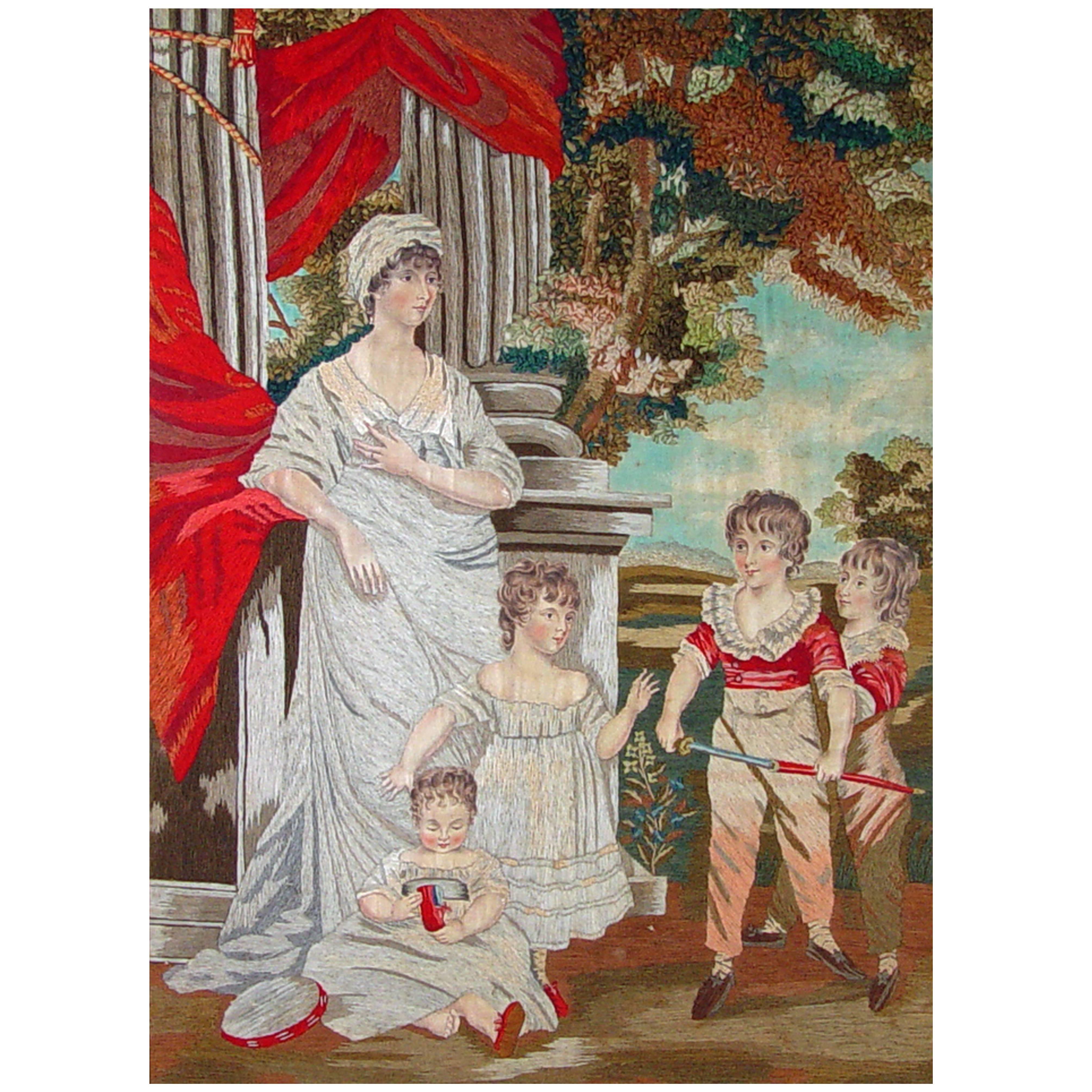 Superbe grand portrait anglais en soie et laine,
Une mère et ses quatre enfants,
d'après John Hoppner R.A.,
vers 1810-20,
Dans un cadre doré.

Soie sur fond de tissu de lin, fil de soie, fil de laine peignée, fil de laine mérinos et peinture à