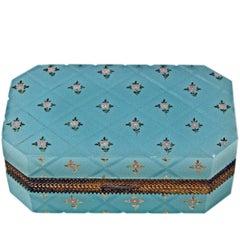 Opaline Blue Casket Box Gilt Bronze Mounting Painted Flowers Bohemia, circa 1850