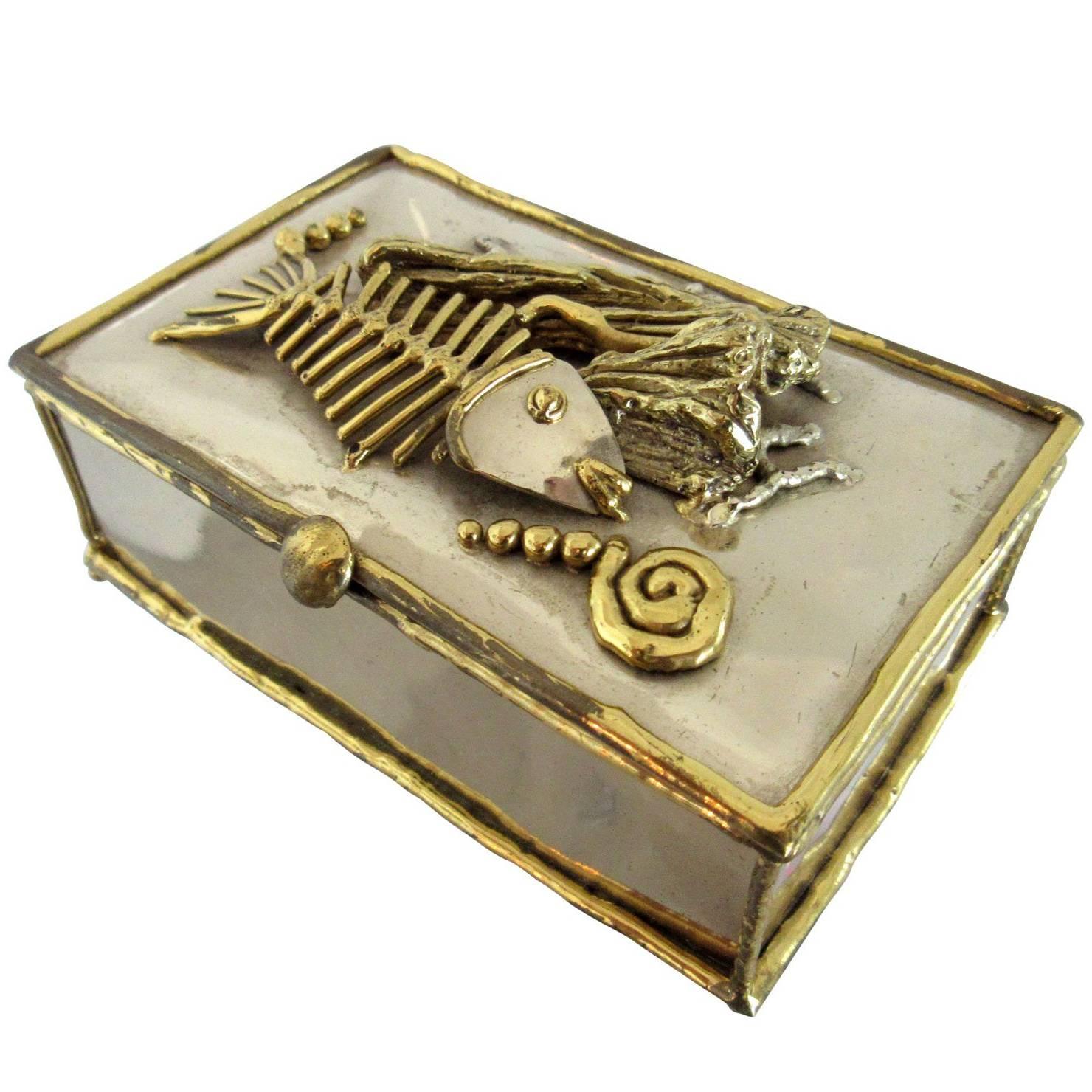 Mixed Metal Brutalist Box with Sculptural Fish Motif