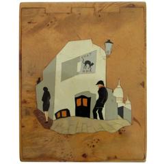 Antique French Art Deco Cigarette Box with "Chat Noir" Street Scene