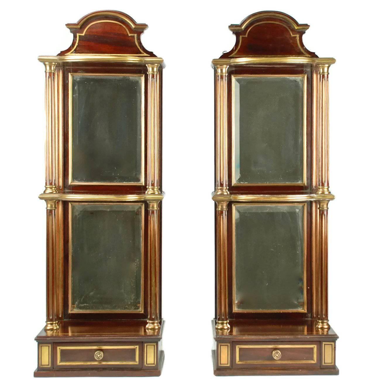 19th Century Pair of French Empire Mahogany and Brass Mirrored Wall Shelves