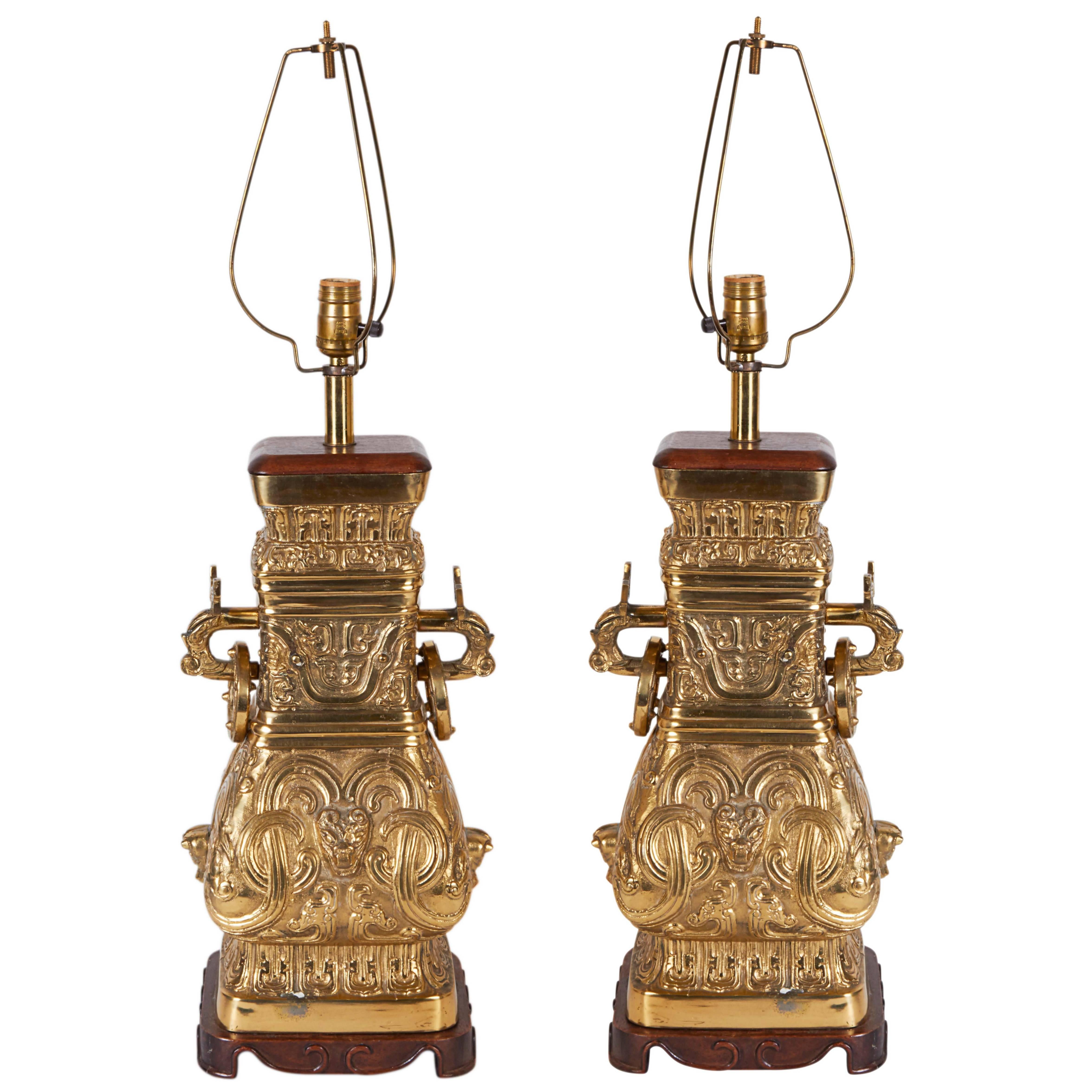 Pair of Archaic Chinese Vase Form Lamps in the Manner of James Mont