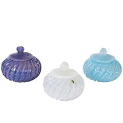 Vintage Set of Three Seguso Murano Glass Covered Vanity Jars with 'Bullicante'