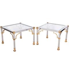 Pair of Maison Jansen Style Chrome Glass Top End Tables with Brass Accents 9