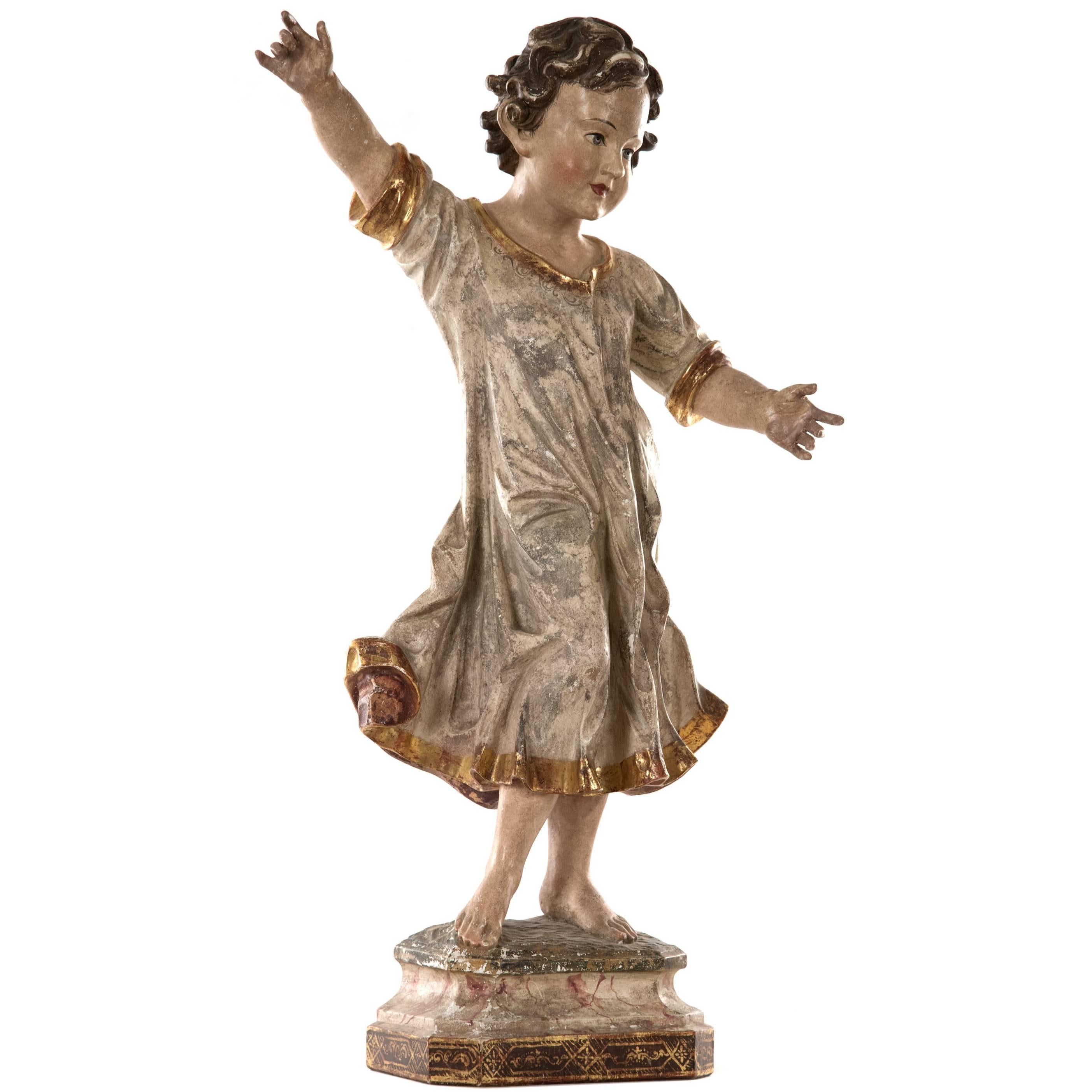 Ecclesiastical Hand-Carved and Painted Wooden Figure of a Young Boy