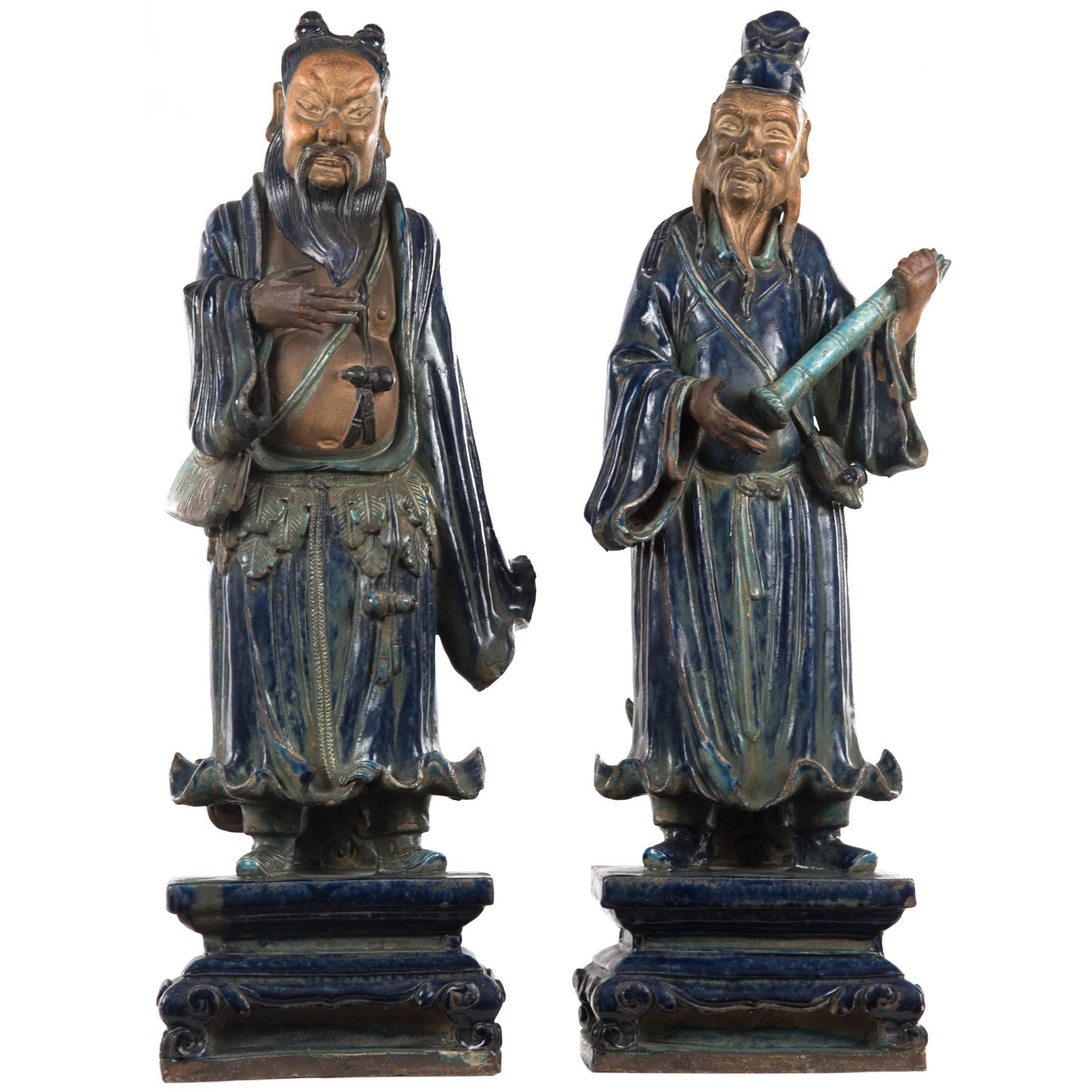 Pair of Polychrome Glazed Terracotta Japanese Immortal God Statues For Sale