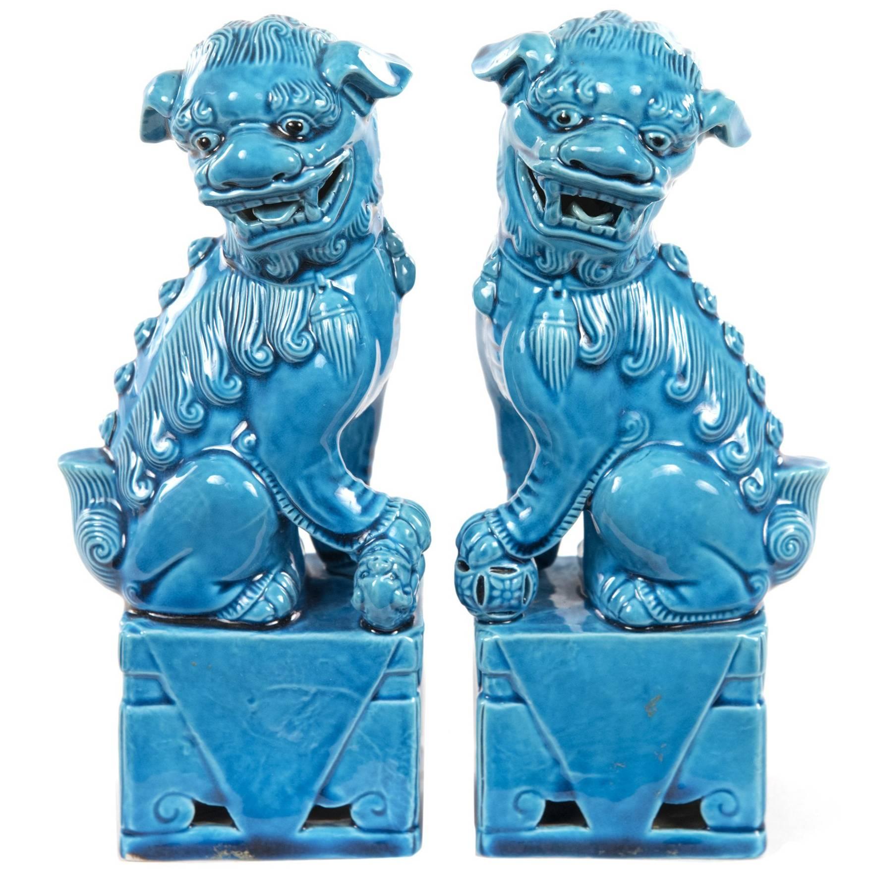 Pair of Turquoise-Glazed Porcelain Chinese Foo Dogs