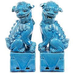 Vintage Pair of Turquoise-Glazed Porcelain Chinese Foo Dogs