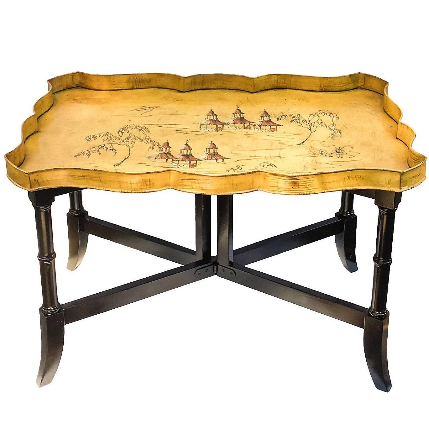 1920s Chinoiserie Yellow Pagoda Tole Tray Table on Faux Bamboo Stand