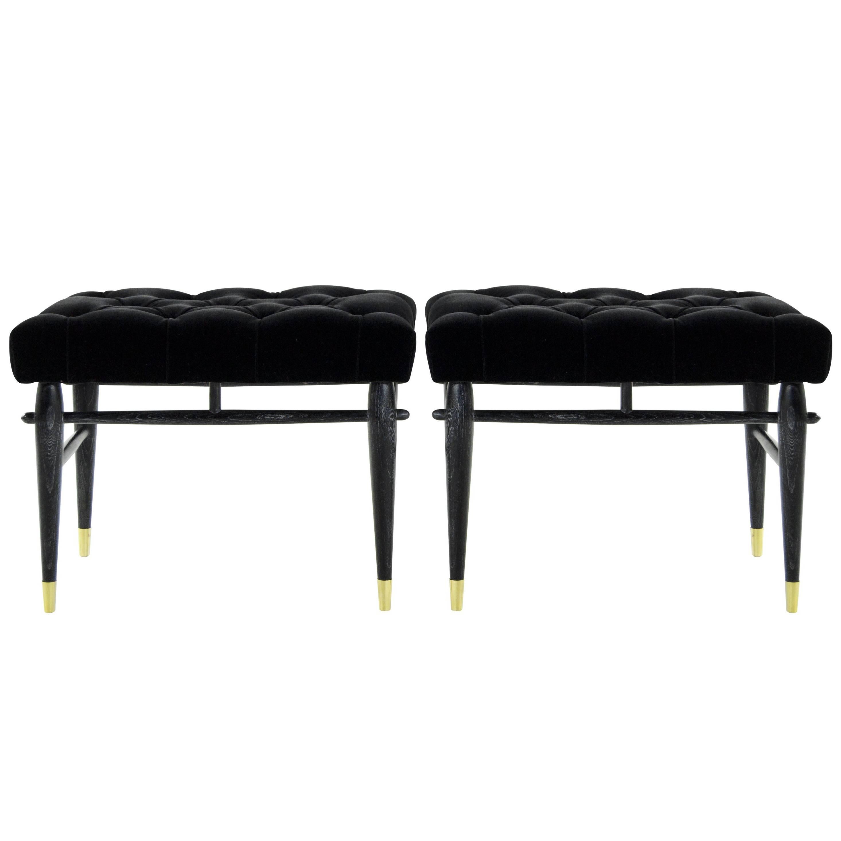 Pair of Cerused Benches in Tufted Black Mohair, 1950s