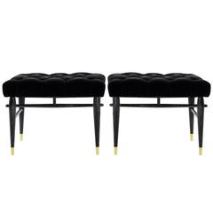 Pair of Cerused Benches in Tufted Black Mohair, 1950s