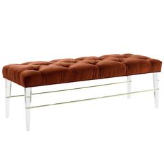 Lucite Brass Rodded Bench in Tufted Rust Orange Velvet 10