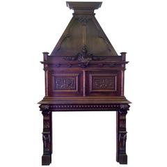 19th Century Carved Walnut French Mantel with Mansard Hood
