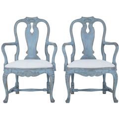 Pair of 19th Century Painted Swedish Carved Armchairs