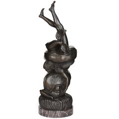 Antique Bronze Figurative Sculpture of Amor with a Dolphin