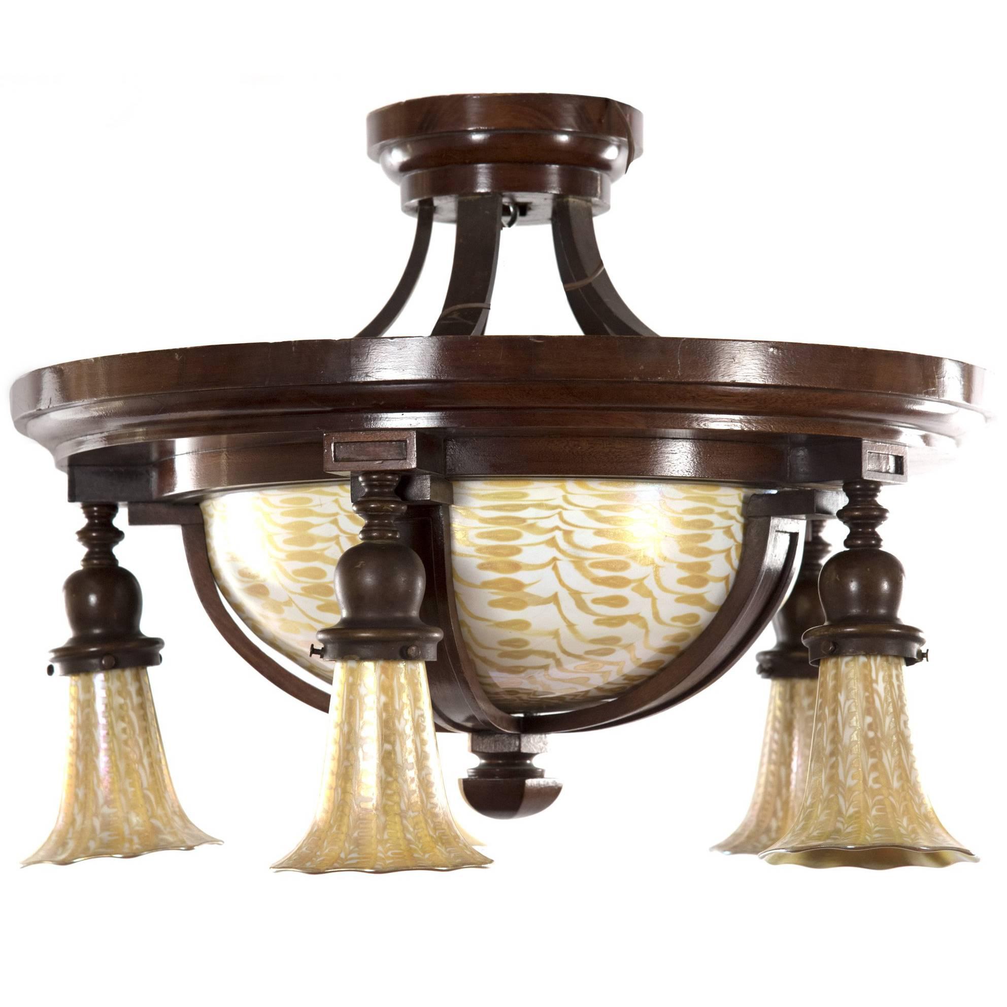 Quezal Art Nouveau Pendant Light with Lily-Form Shades