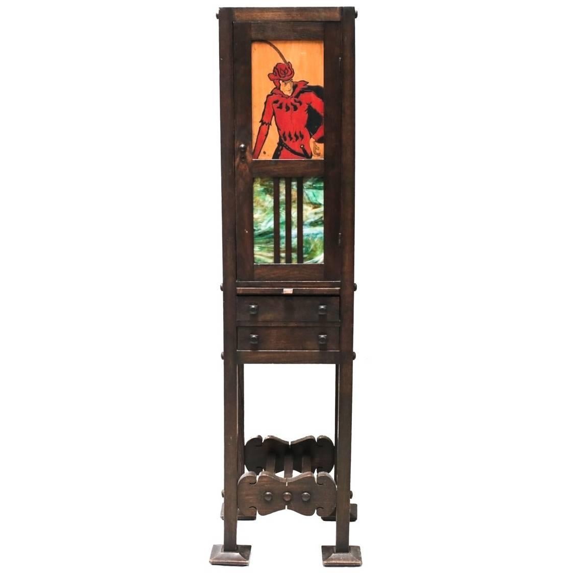 Charming American Arts & Crafts Narrow Cabinet with Slag Glass Panels For Sale