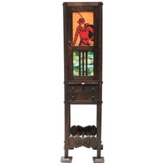 Antique Charming American Arts & Crafts Narrow Cabinet with Slag Glass Panels