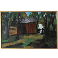 Gold Framed Vibrantly Colored Landscape with a Red Barn