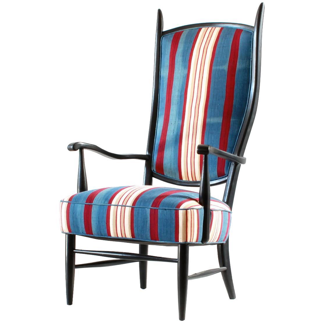 Black Painted Spanish High Back Chair Upholstered in African Fabric
