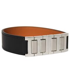 Hermès Schwarzes Leder Silber 'H' Unisex Manschette Armreif Armband