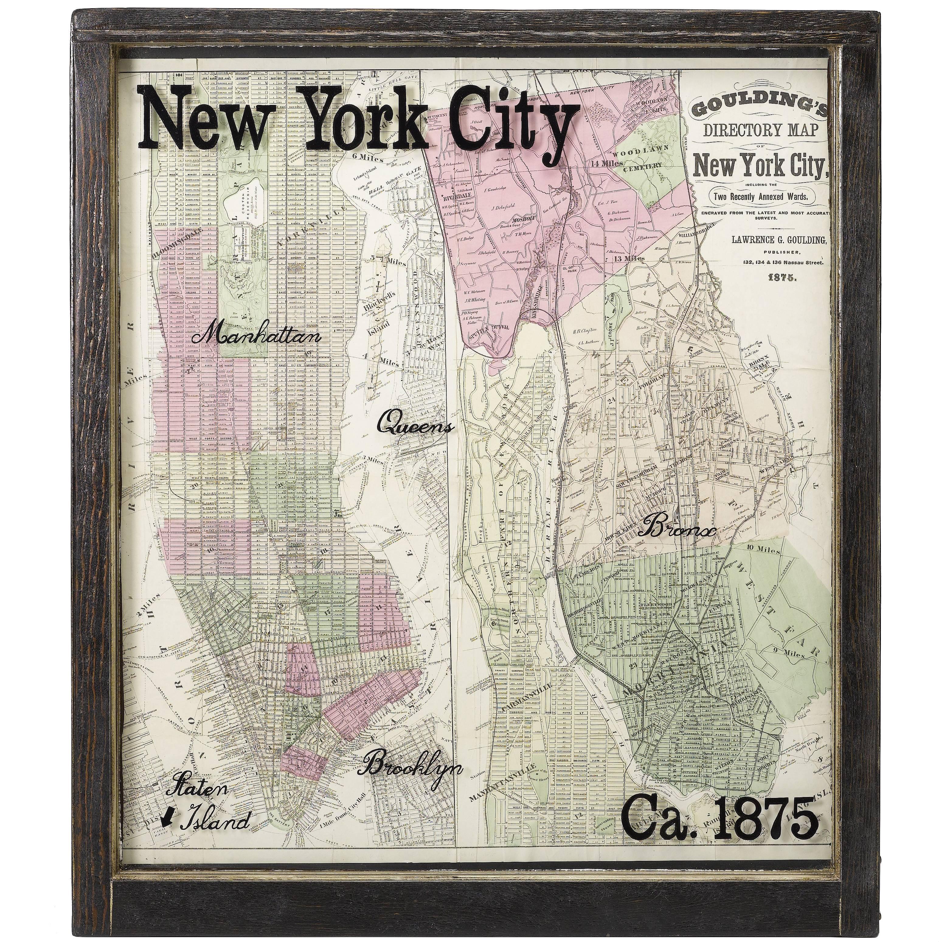 New York City Map with Surrounding Burroughs in Antique Windowpane, circa 1875