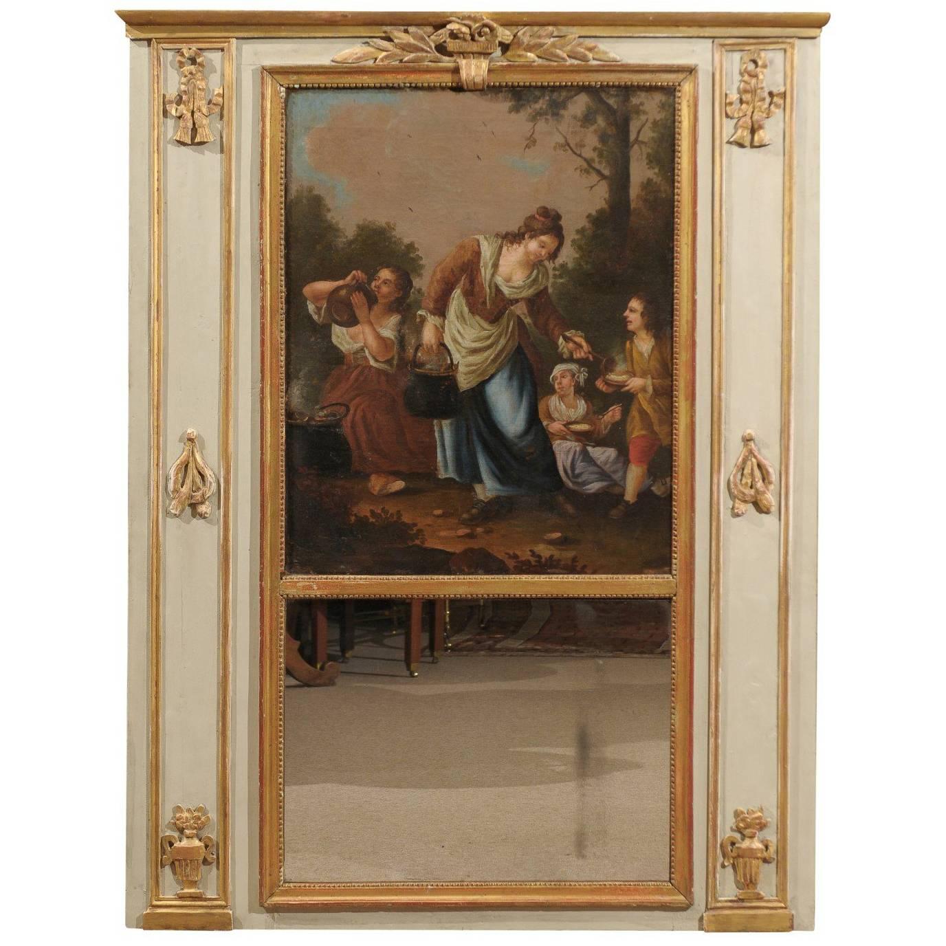 Louis XVI Period Trumeau Mirror with Pastoral Oil on Canvas, France, circa 1780