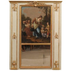 Antique Louis XVI Period Trumeau Mirror with Pastoral Oil on Canvas, France, circa 1780