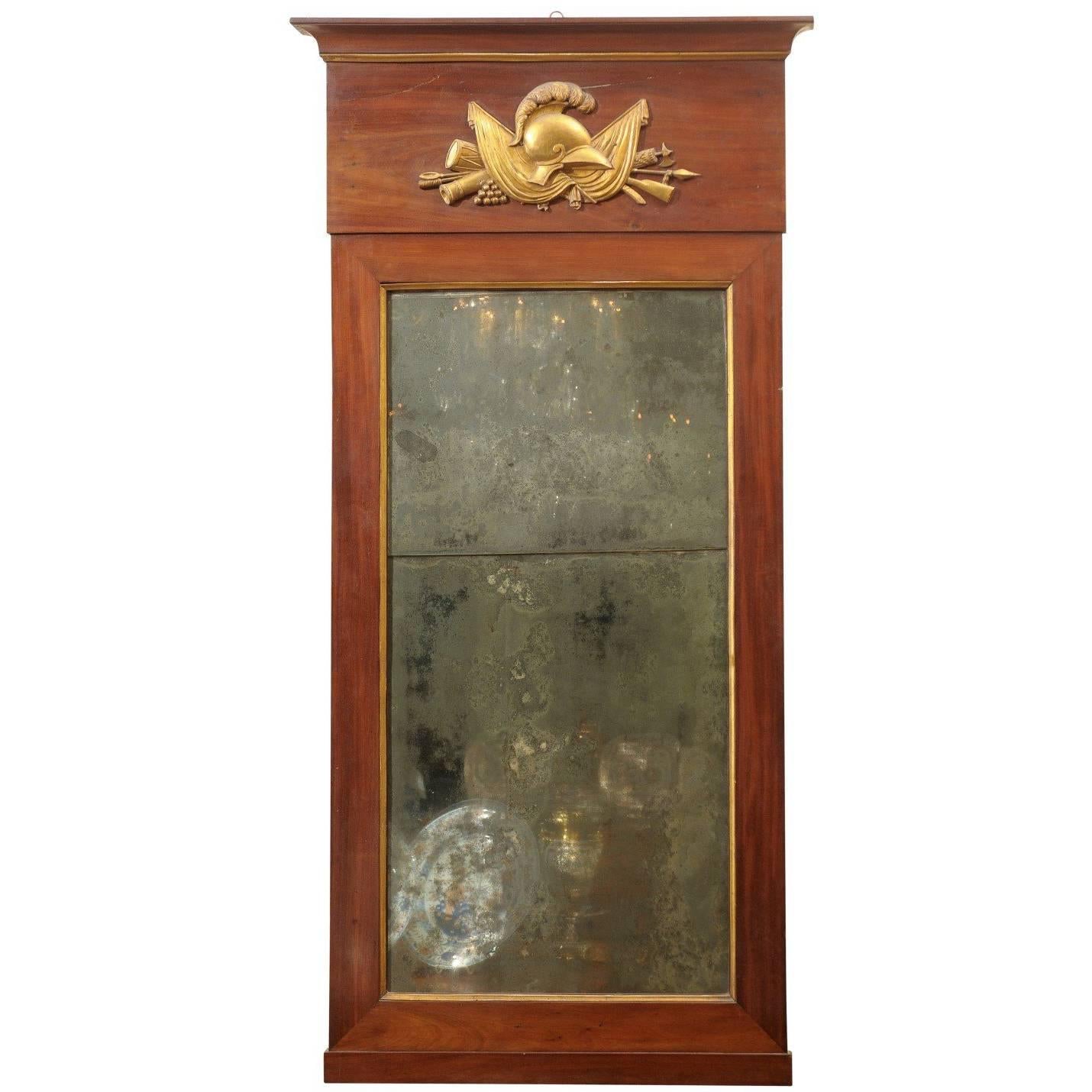 Tall Empire Period Mahogany and Giltwood Mirror with Helmut Motif, circa 1810