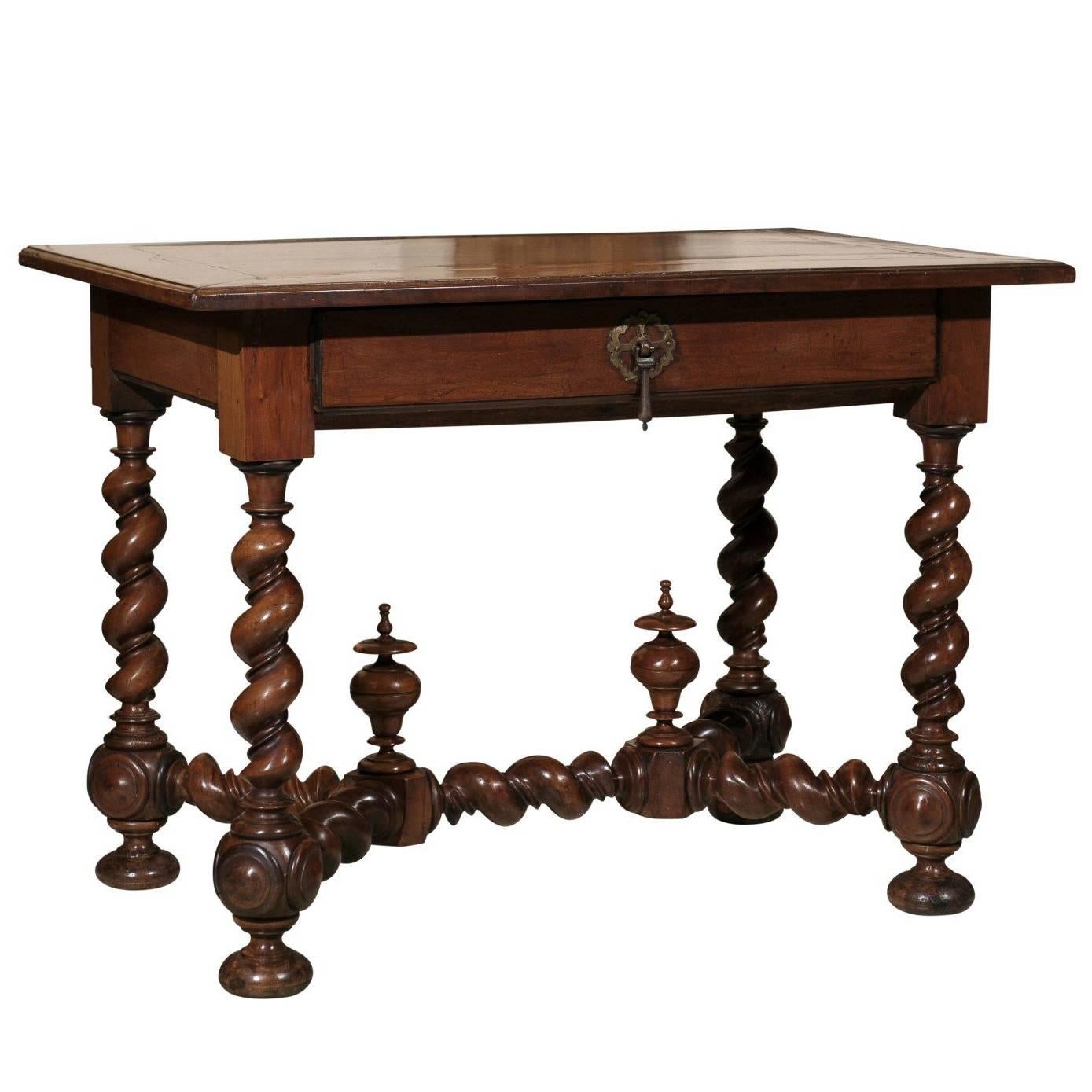 18th Century French Walnut Table with Drawer and Barley Twist Legs