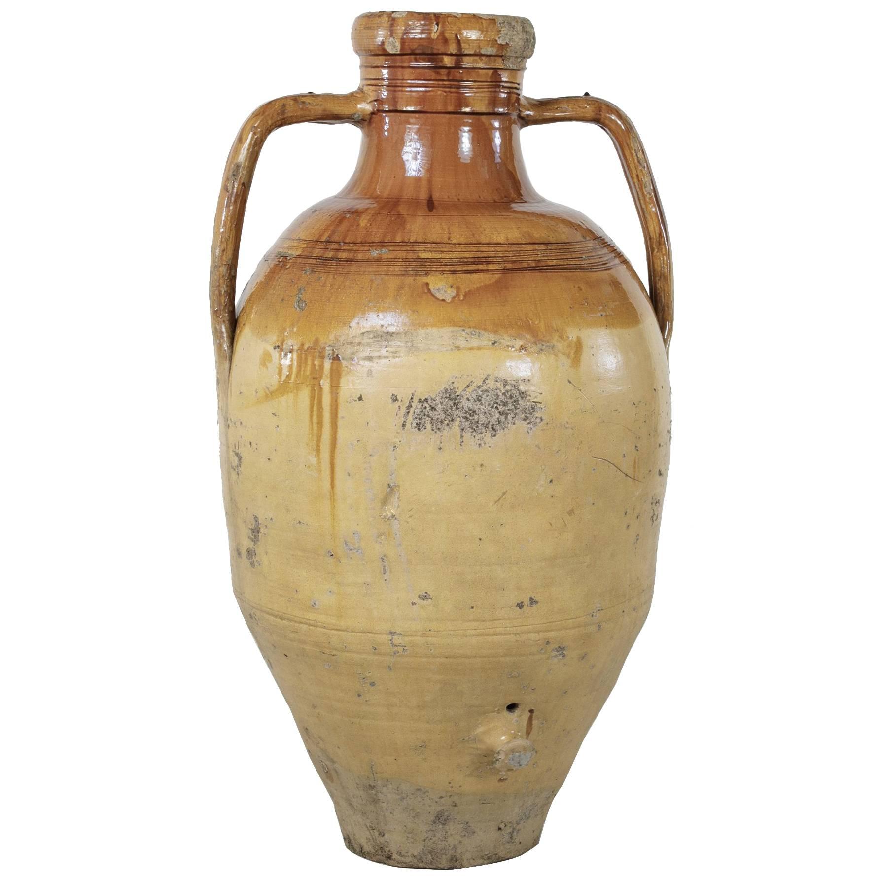 Very Large Antique Italian Terracotta Amphora Olive Jar, Yellow Glaze