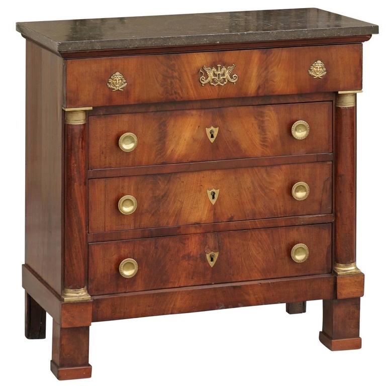 French Empire Style Small Size Chest of Drawers with Dark Grey Marble