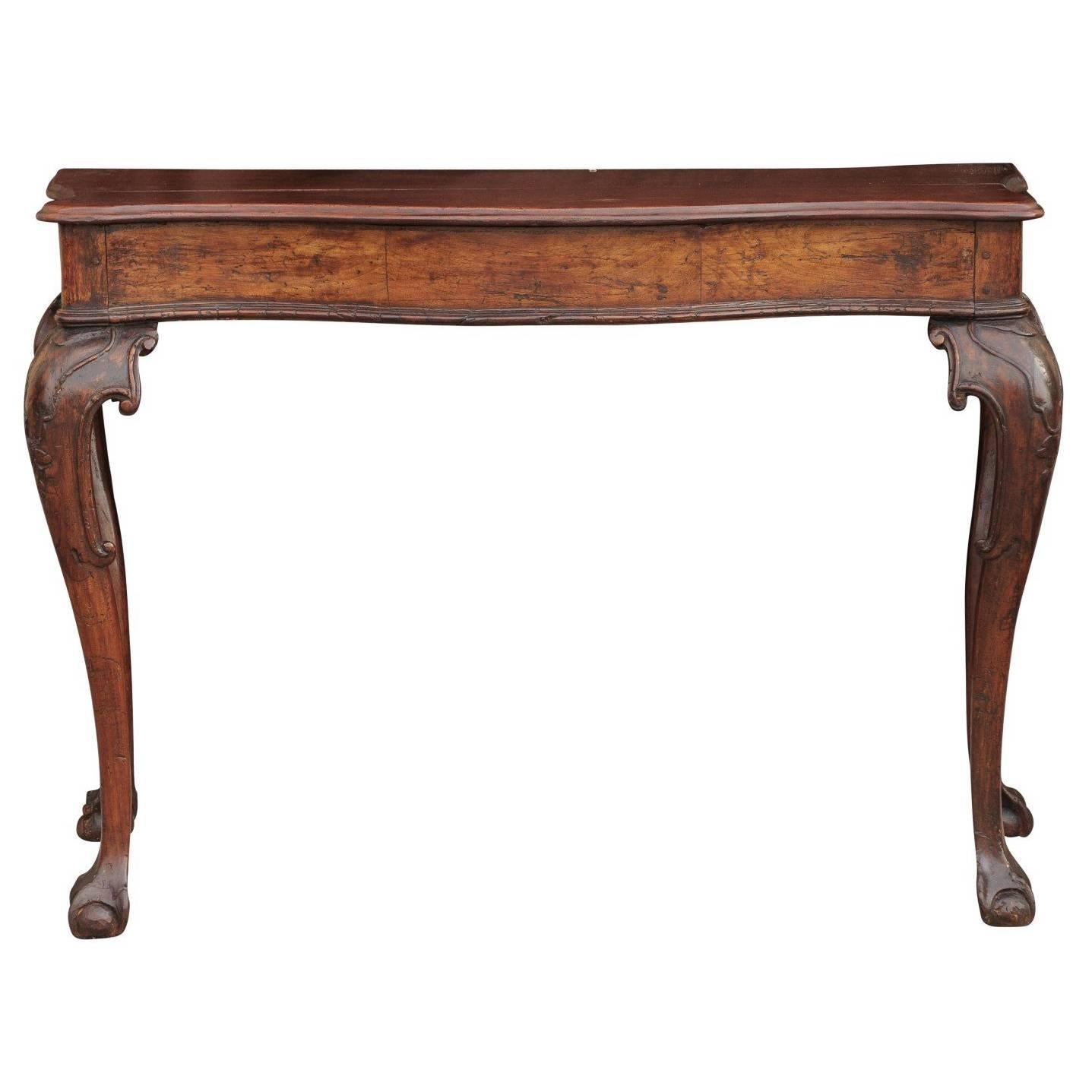 Italian 1790s Rococo Walnut Console Table with Serpentine Front and Carved Legs