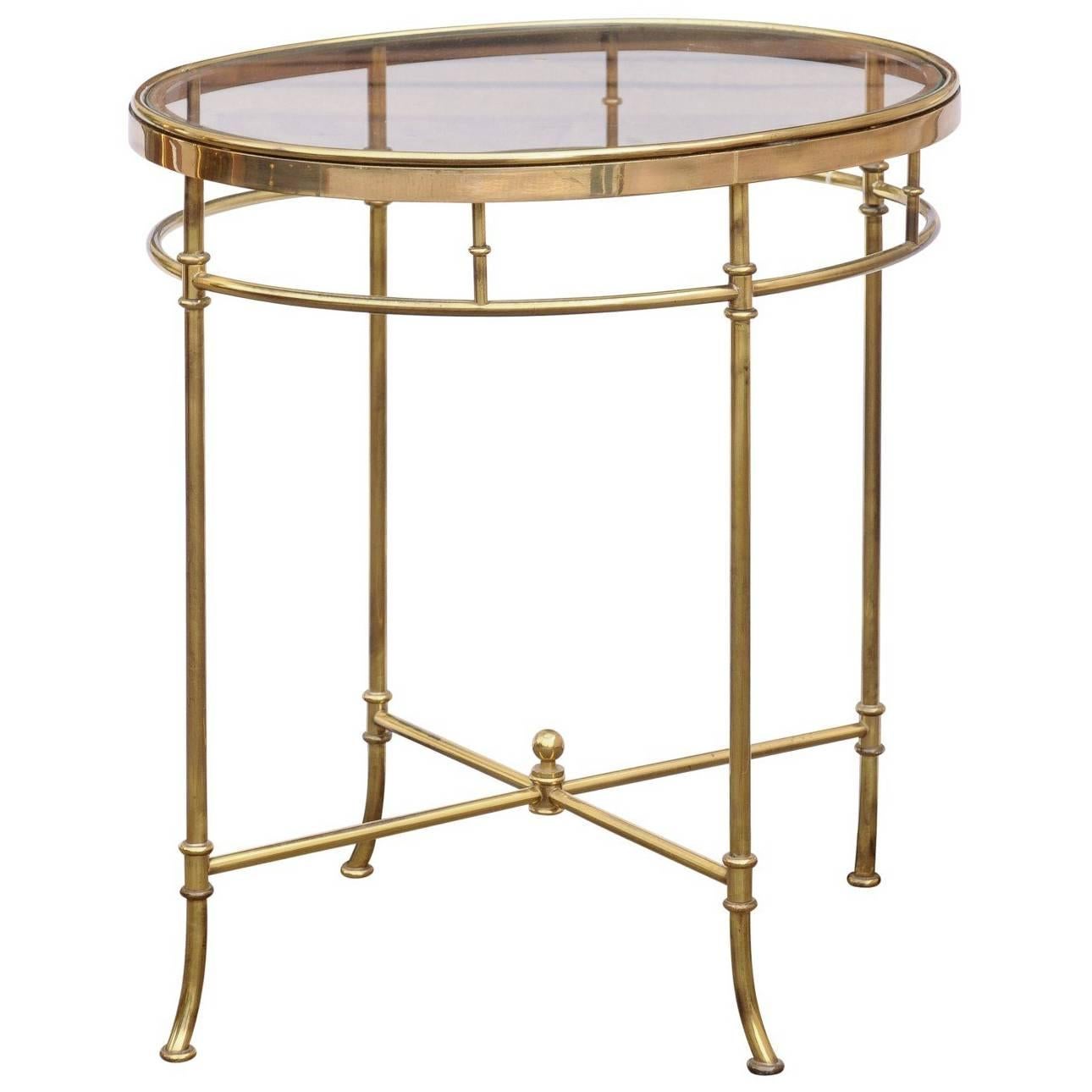 Italian Mid Century Oval Brass and Glass Top Side Table with Splayed Feet