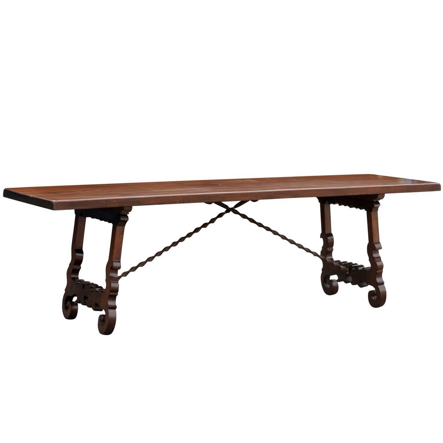 19th Century Italian Baroque Style Long Wooden Trestle Table with Iron Stretcher