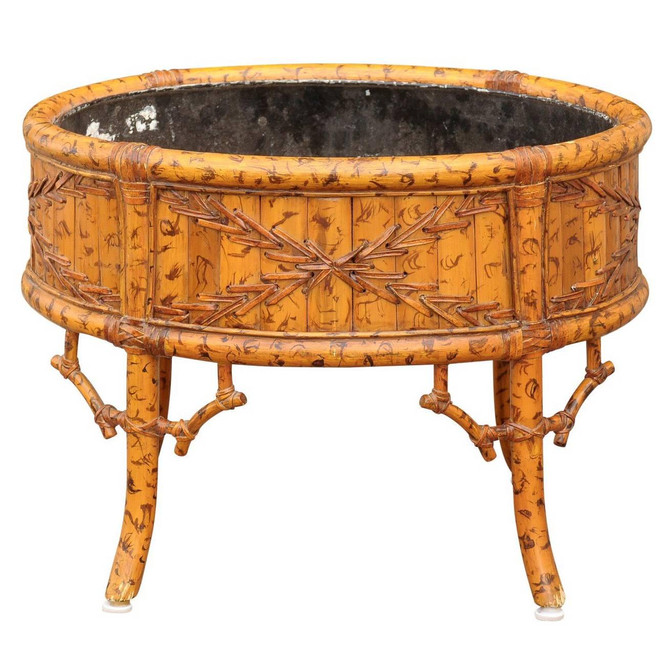 French Faux-Bamboo Round Turn of the Century Jardinière on Legs with Liner