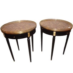 Maison Jansen, Louis XVI Style, Round Side Tables, Black Wood, Bronze, Marble