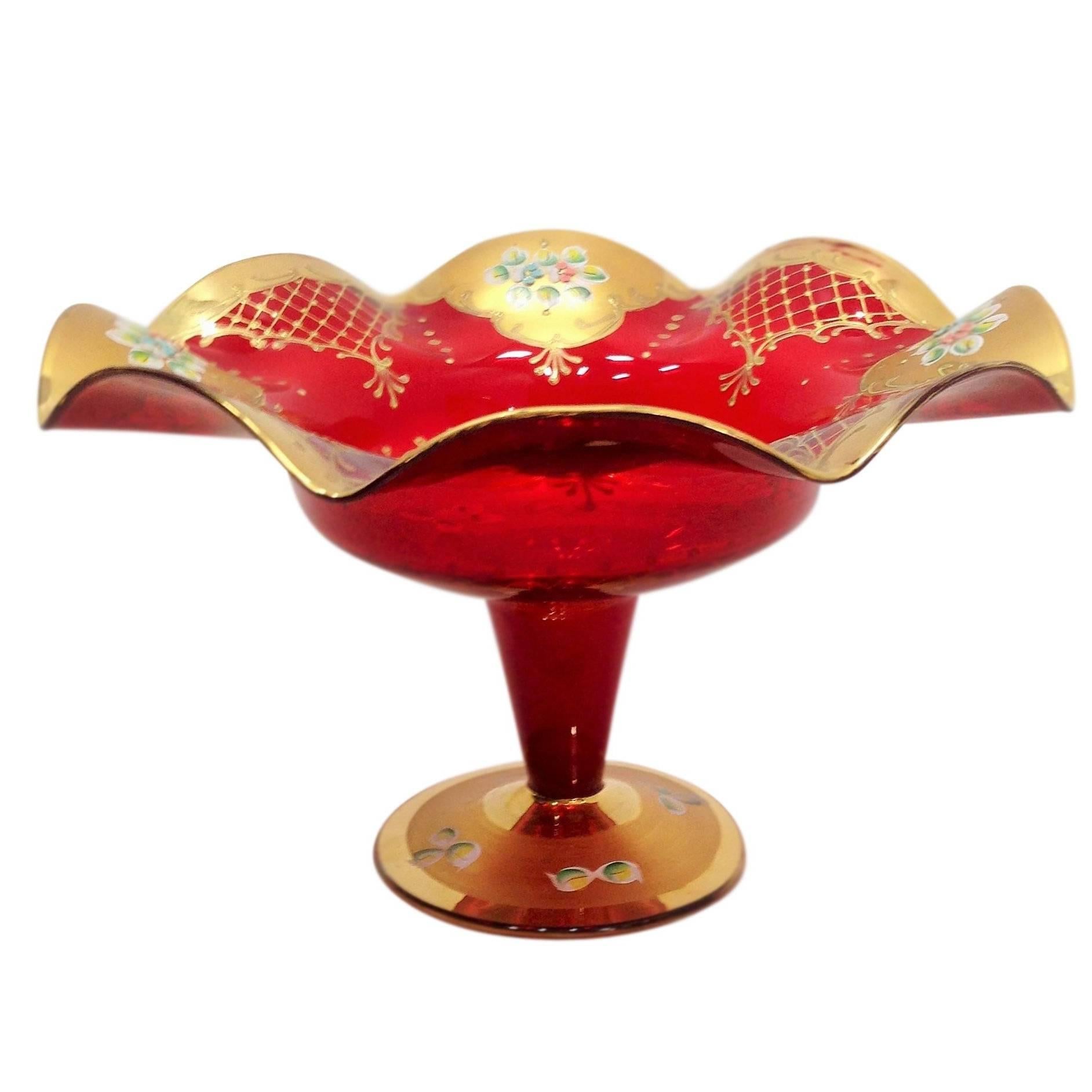 Gorgeous Large Cranberry Red Bowl with 24-Karat and Hand-Painted For Sale