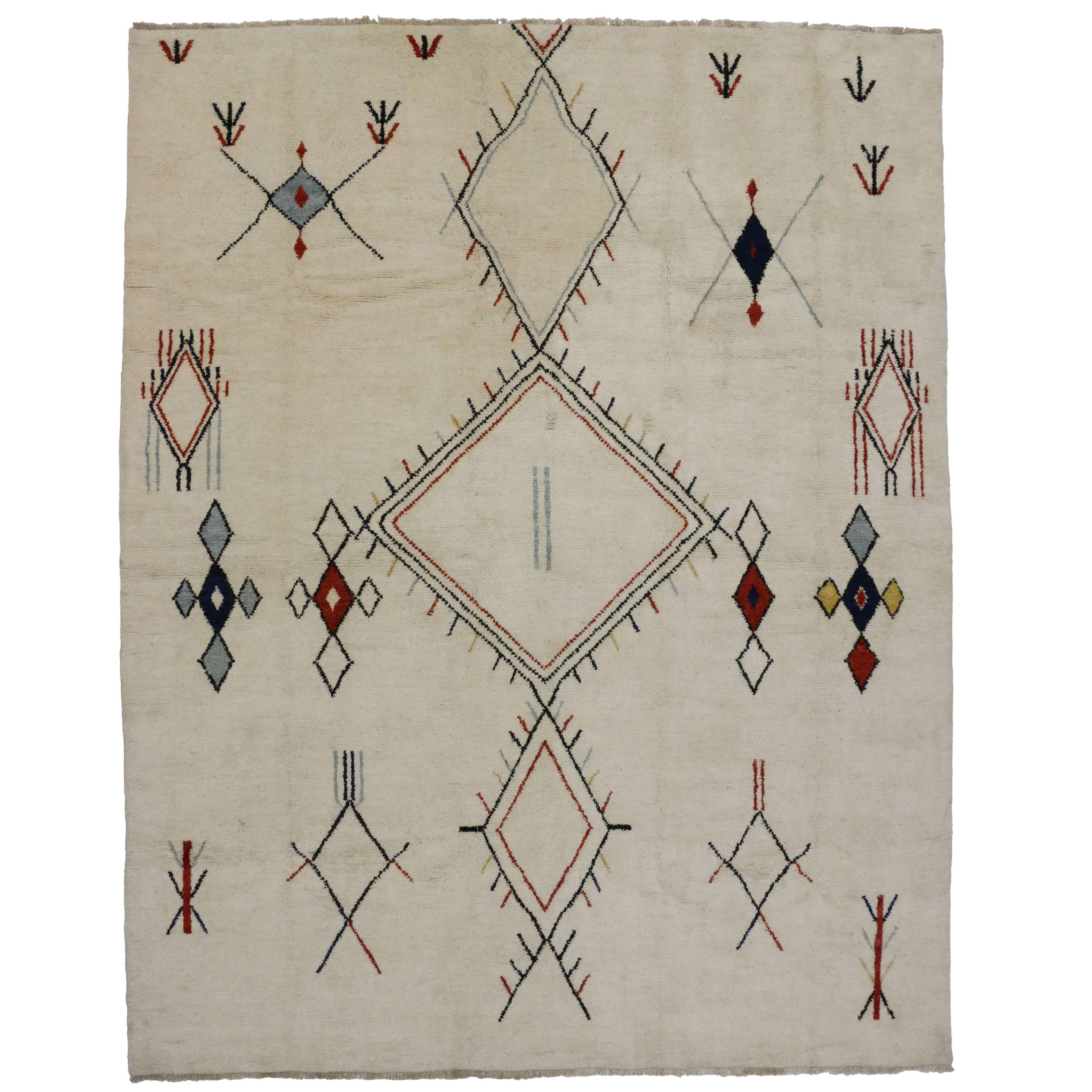 Contemporary Moroccan Style Area Rug with Nomadic Tribal Design and Hygge Vibes