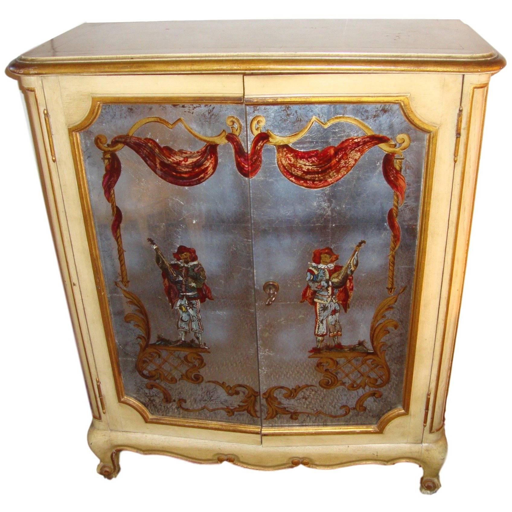 Maison Jansen Verrne Eglomise and Painted Cabinet Commode