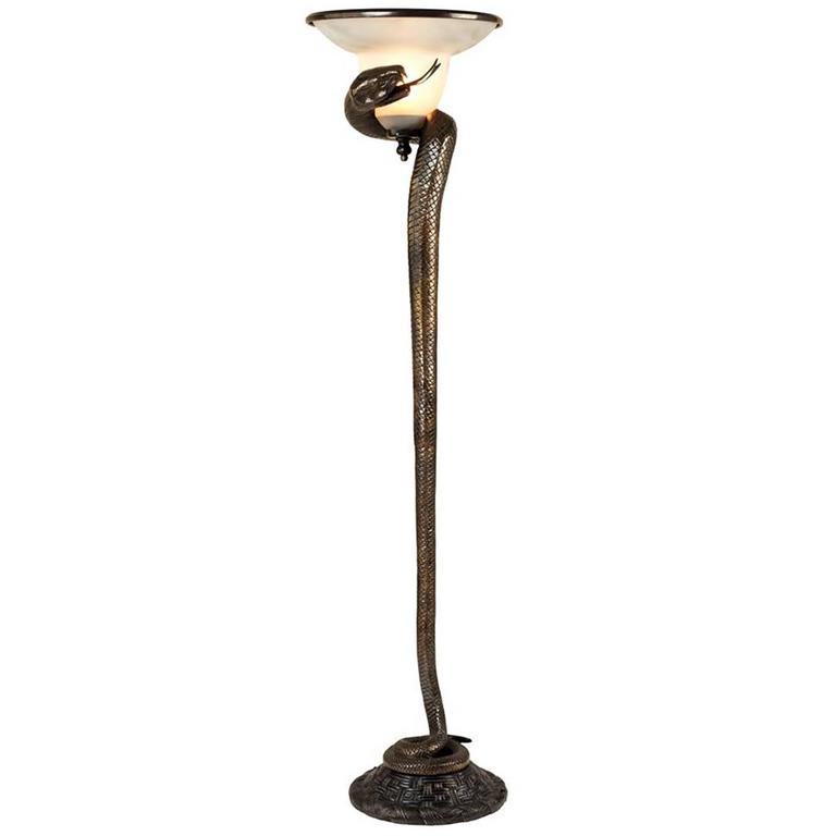 Snake Floor Lamp in Bronze with Frosted Glass Lamp at 1stDibs | snake lamp  vintage, snake light, vintage snake lamp