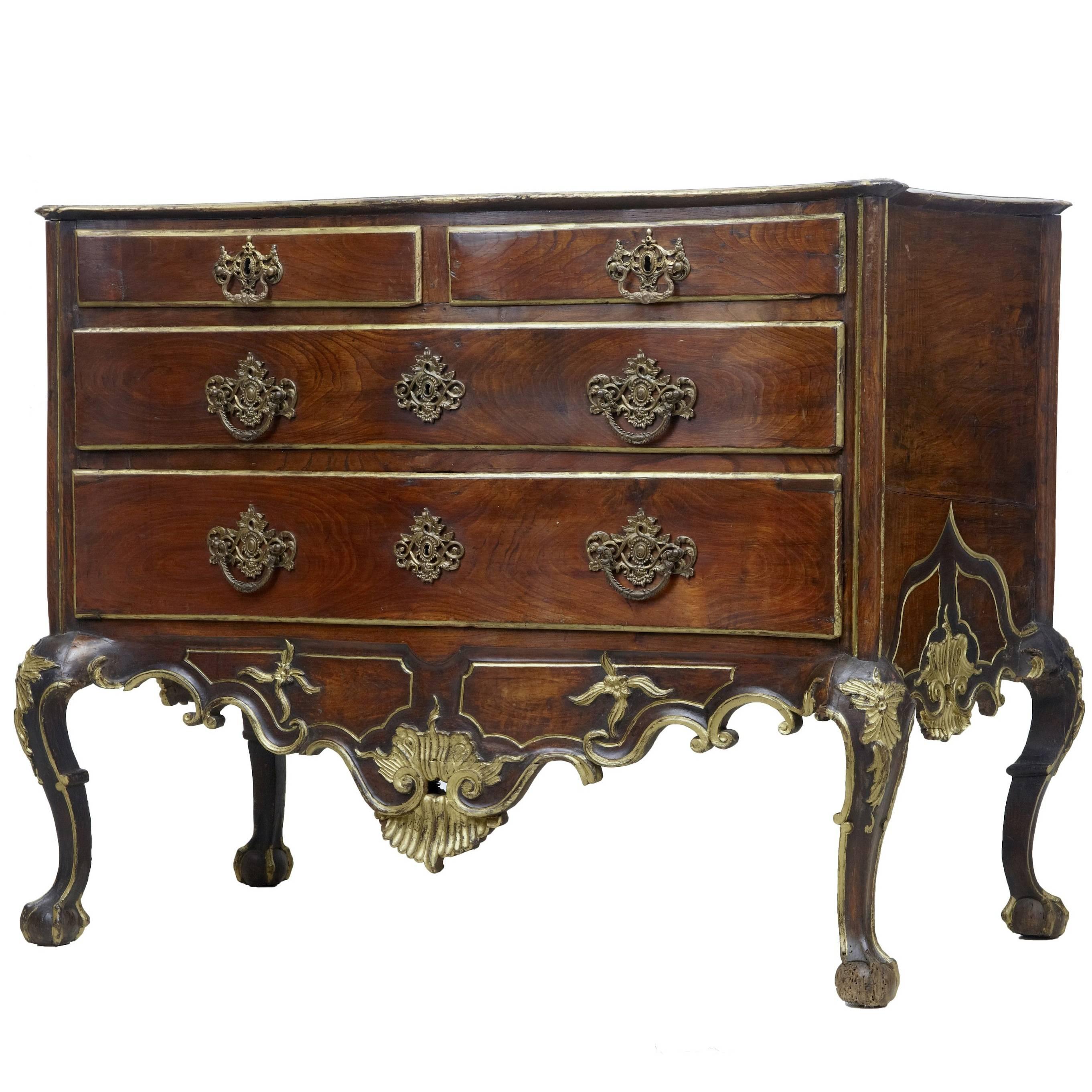 18th Century Portugese Carved Walnut and Gilt Commode